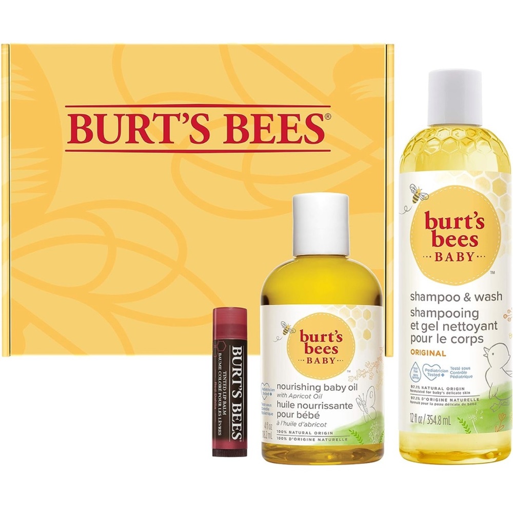 Burt's Bees Gift Set Baby Oil, Baby Shampoo and Wash, Red Dahlia Tinted Lip Balm